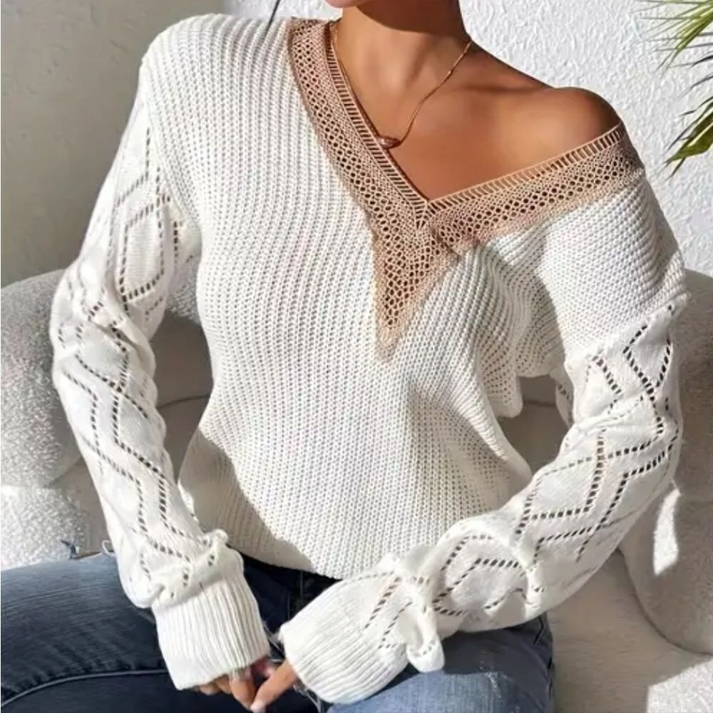 Mirol Women's Ivory Openwork V-Neck Long Sleeve Sweater